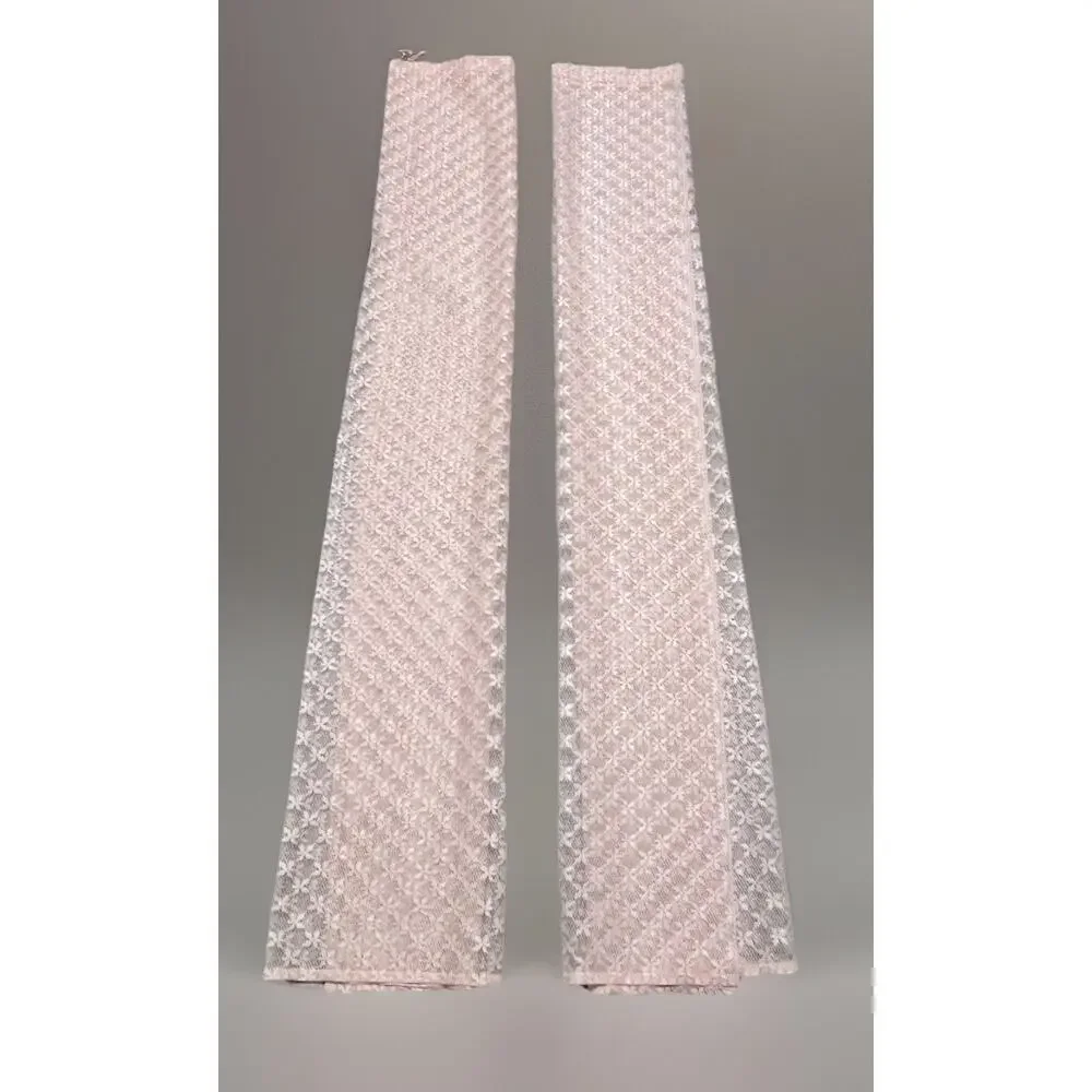 Vintage 70s Peach Embroidered Floral Sheer Lace Curtain Panels Light Orange 2pc